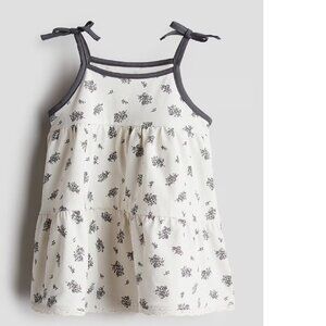 H&M Cotton Jersey Dress with Shoulder Straps White Dark Grey Floral Baby 9-12M